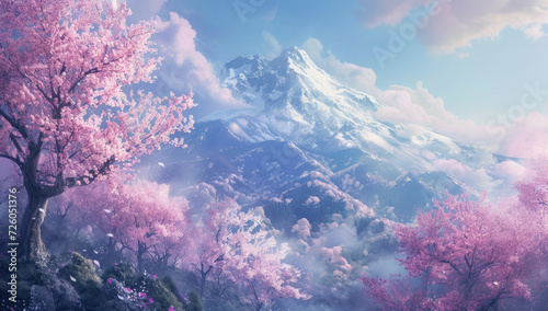 a pink tree is growing close to the mountain, beautiful landscape
