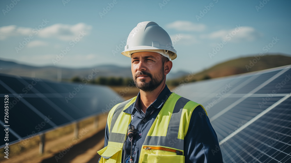 A dedicated solar power plant engineer confidently stands in front of a vast field of photovoltaic panels, wearing a protective helmet and high-visibility vest A dedicated solar power plant engineer confidently stands in front of a vast field of photovoltaic panels, wearing a protective helmet and high-visibility vest