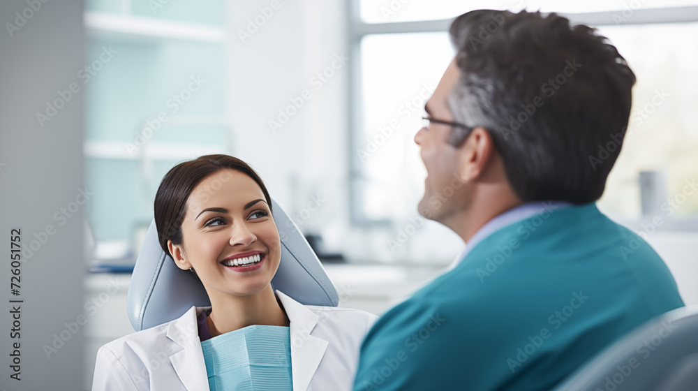 Fototapeta premium The candid dental technician smiles and communicates with the patient