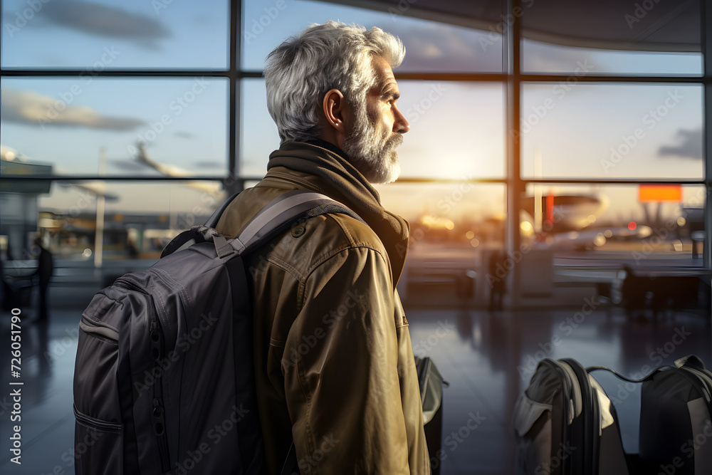 Businessman traveler with luggage waiting in the airport hall