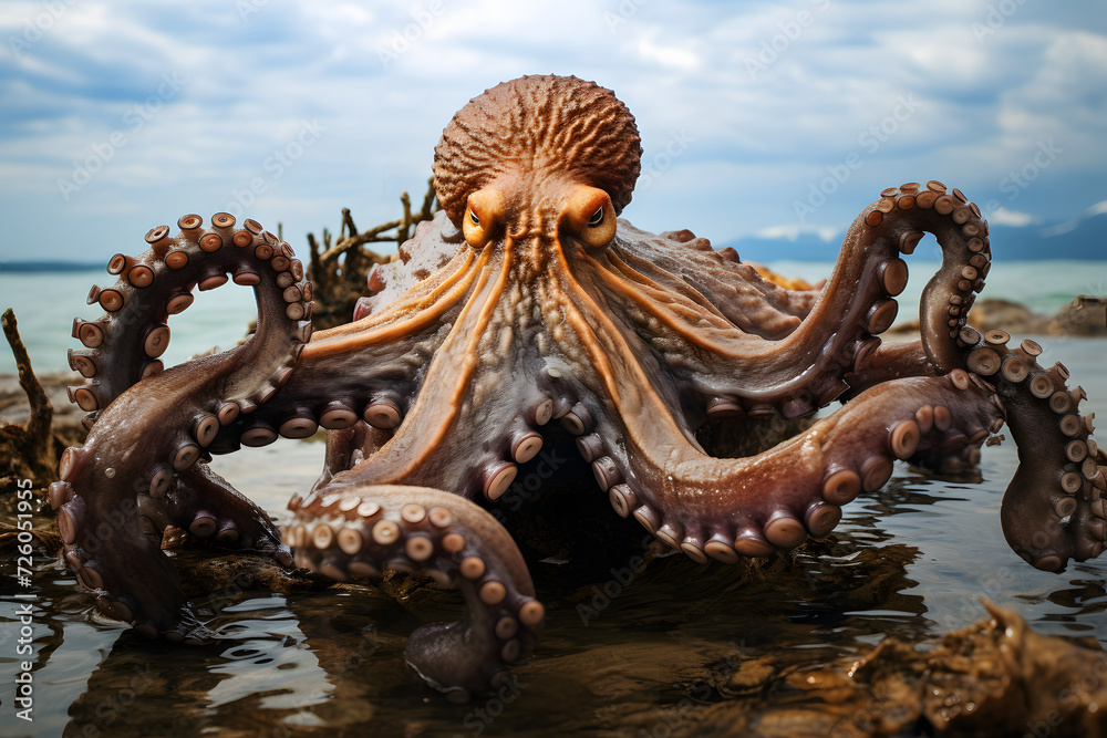 Obraz premium large octopus swims in the ocean. marine fauna. underwater animals
