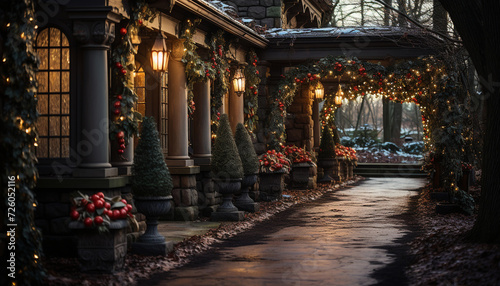 Illuminated Christmas tree decorates the winter night outdoors generated by AI