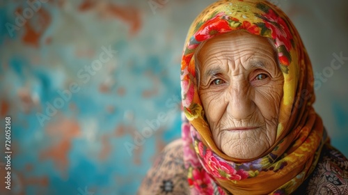 A portrait of an elderly woman her colorful headscarf a celebration of her unique style and individuality.