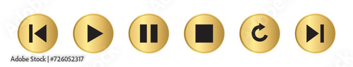 A set symbols for playback. Button play, pause, repeat, previous, next. Gold media player icon. Element user interface of a app. Vector UI set of buttons isolated on white background