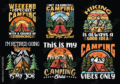 Outdoor adventure camping t shirt vector bundle set design camping adventure outdoor mountain design. camping, adventure, outdoor, mountain, hiking, campsite vibes, forest campfire, hiking and camping