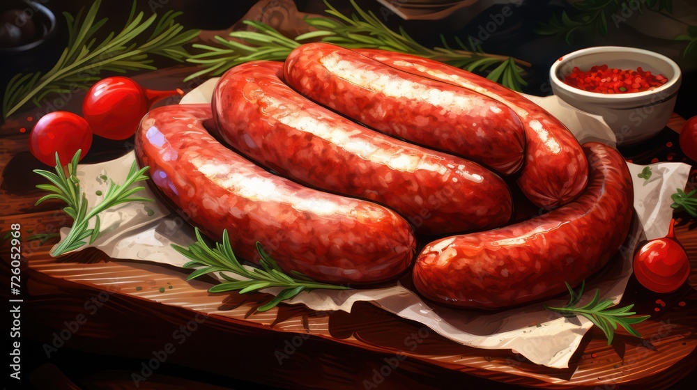 Close up view of grilled sausage, with sauce and rosemary.