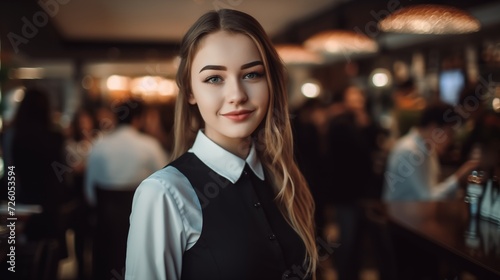 Portrait of young waitress in cafe/restaurant. 