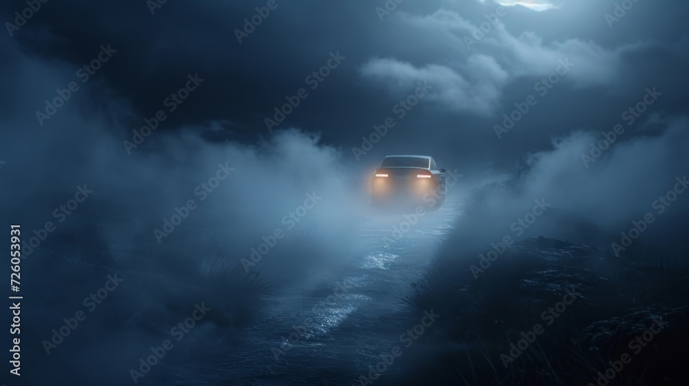 The cars headlights ting through the thick fog creating a hauntingly beautiful effect as it navigates through the storm.