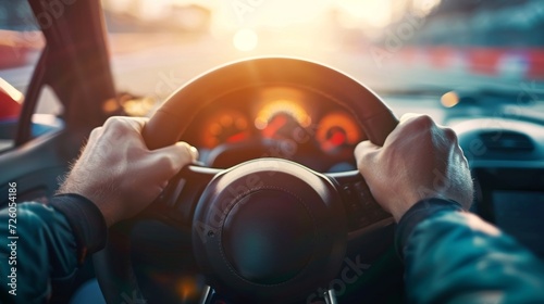 Closeup of a pair of hands gripping a steering wheel knuckles white with tension as the driver awaits the signal to start the race.