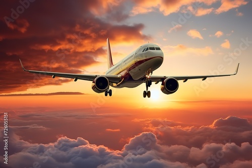 Modern Passenger airplane flight in sunset panorama