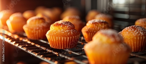 Photographed with soft depth of field, an oven contains a lovely tray of organic warm baked orange sponge cake muffins on a metal rack.