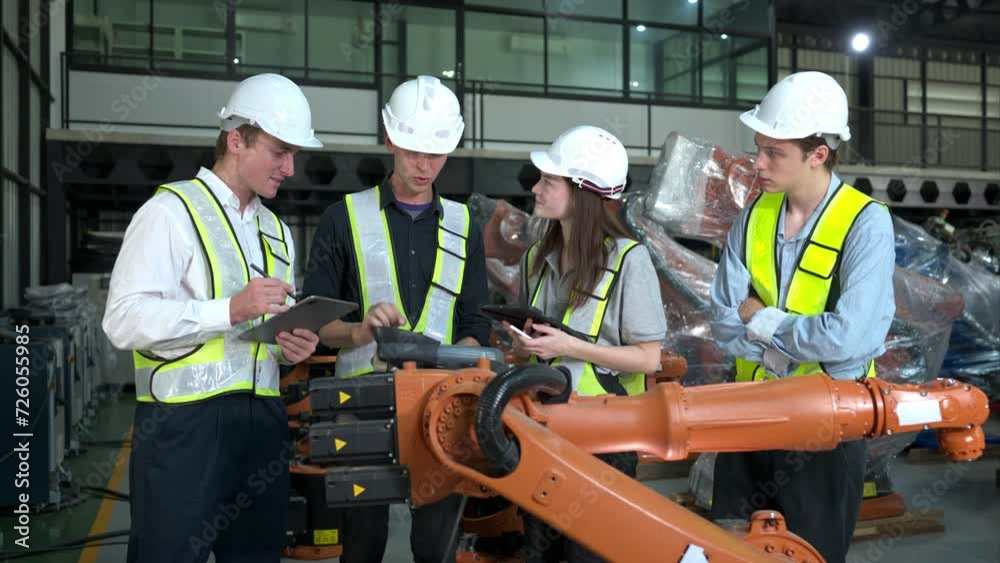 Group of engineers and technicians working together in a robotic arm factory. Inspecting robot arm before delivering to customers Group of engineers and technicians working together in a robotic arm factory. Inspecting robot arm before delivering to customers