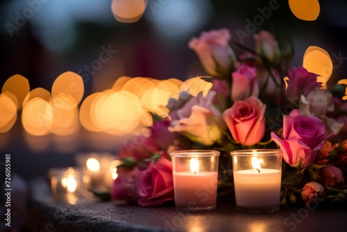 Candles and Flowers at Memorial Site.