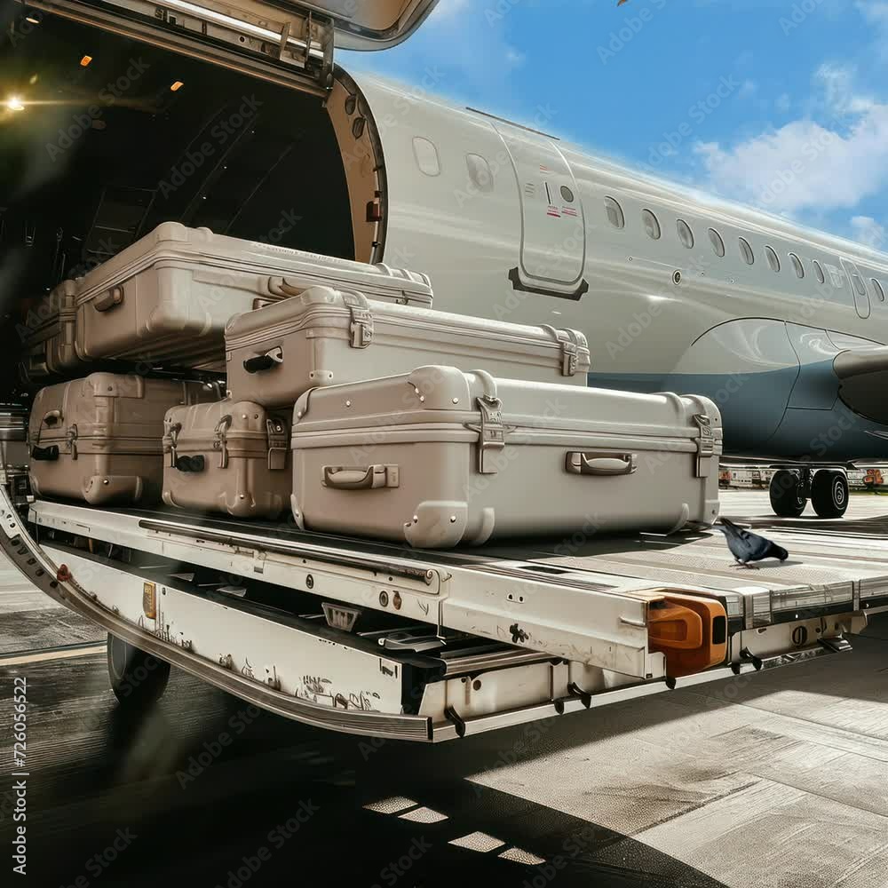 Animation process of loading suitcases onto the plane. seamless 4k video background. generated with ai Animation process of loading suitcases onto the plane. seamless 4k video background. generated with ai
