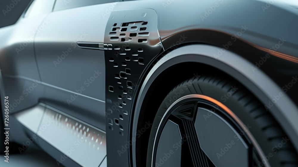 A closeup of the side of a car reveals a set of movable air vents strategically p to release air pressure and increase stability. - obrazy, fototapety, plakaty 