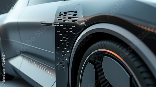A closeup of the side of a car reveals a set of movable air vents strategically p to release air pressure and increase stability.