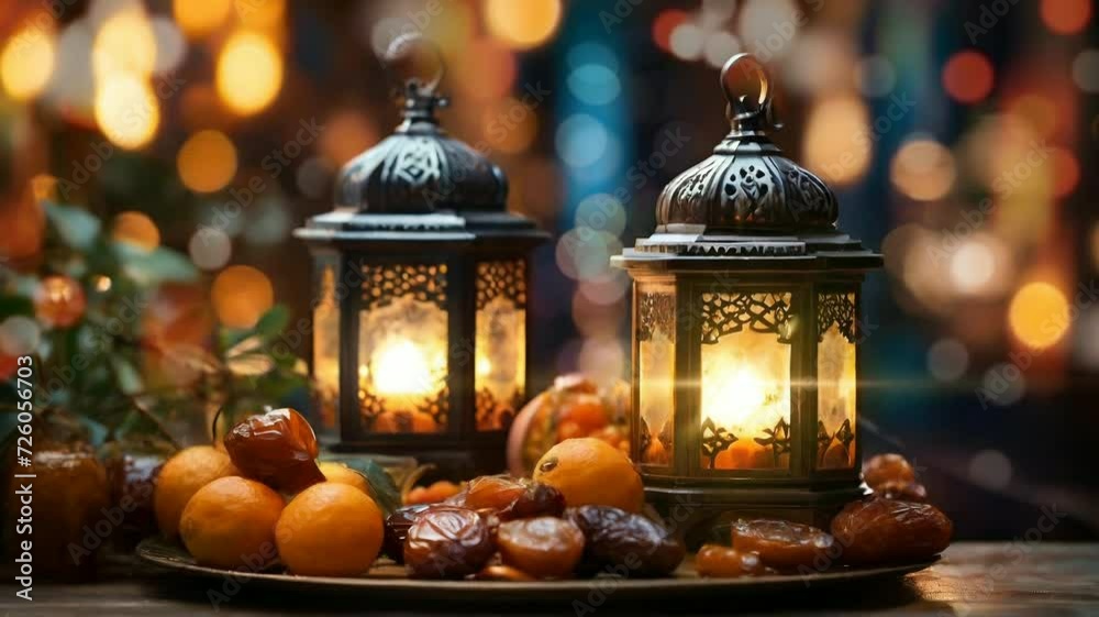 Ramadan decoration lantern on the table with a plate of citrus fruits and dates. Seamless looping animation backgrounds for ramadan, ied, iftar themes Ramadan decoration lantern on the table with a plate of citrus fruits and dates. Seamless looping animation backgrounds for ramadan, ied, iftar themes