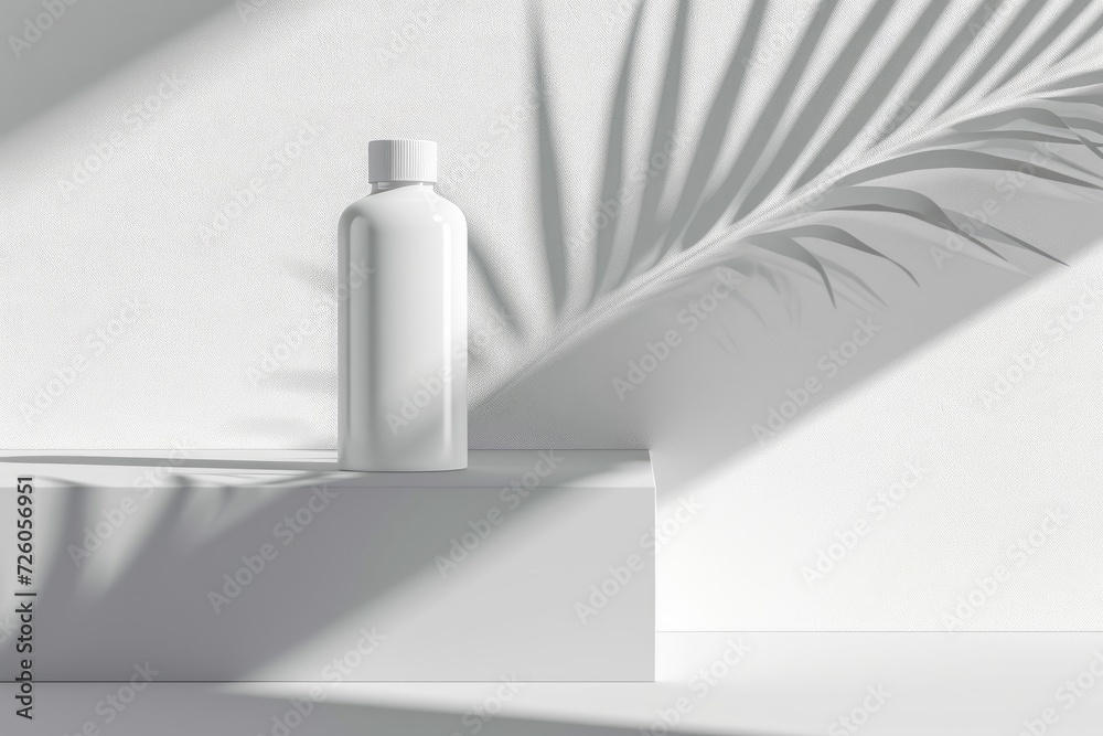 White bottle with natural oil and plant shadow. White bottle with natural oil and plant shadow.