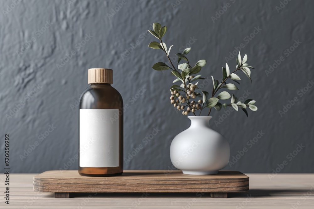 Bottle with organic essence on wooden stand next to vase.