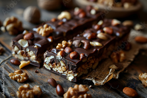 assortment of types of chocolate bar pieces with different nuts. dessert food.
