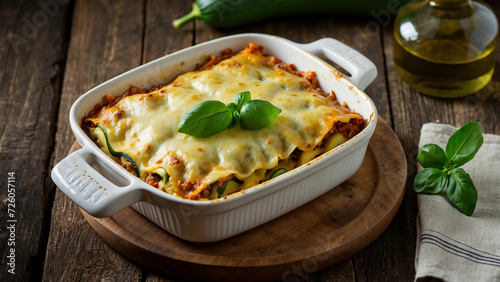 Zucchini lasagna from a top view with golden-brown cheese on top and the lush green zucchini peeking through the edges of the plate, set on a rustic dark wooden table