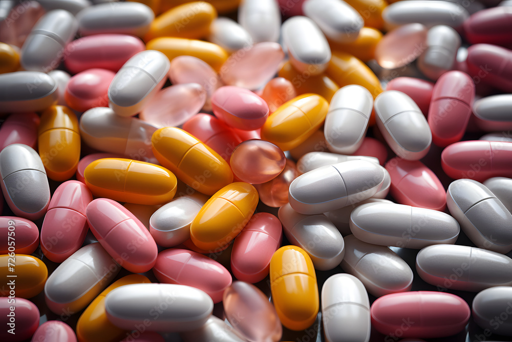 large assortment of different medical capsules with vitamins, antibiotics and medications. pharmacology and medicine