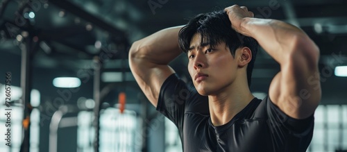 Asian man in black sportswear is warming up and stretching his muscles before weight training at the gym, using a shoulder stretch pose.