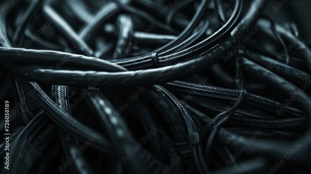 Obraz premium close up of many different dark black cables and wires for connection and plugging in. wallpaper background