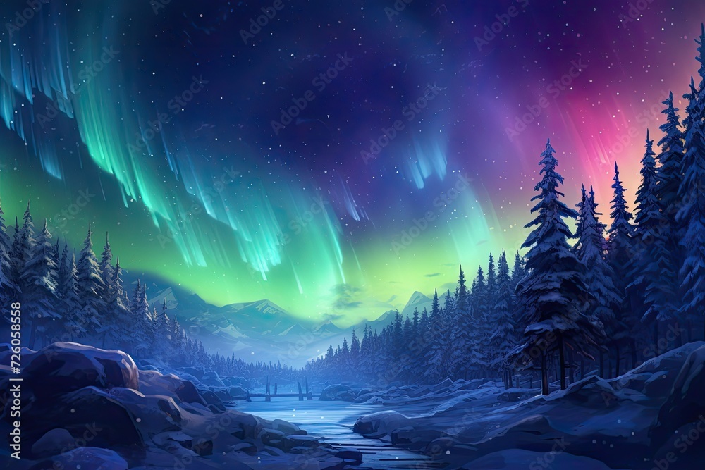 Fototapeta premium Northern Lights, Colorful Aurora Sky Glowing, Fantasy Night Background. Beautiful Forest Winter Landscape with Water Surface. Dramatic Sky, Colorful Wallpaper, Poster, or Banner with Copy Space