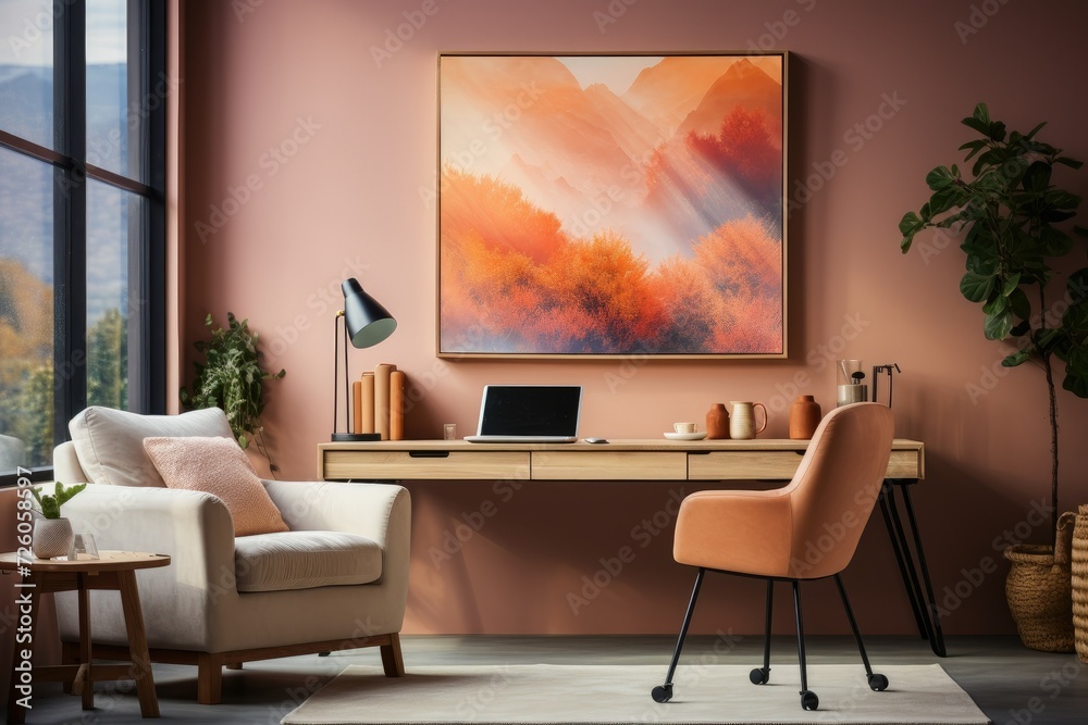 Home Office Setup, Minimalist White Desk with Laptop, Comfortable Chair, Framed Abstract Painting on the Wall, and a Potted Plant on the Shelf Home Office Setup, Minimalist White Desk with Laptop, Comfortable Chair, Framed Abstract Painting on the Wall, and a Potted Plant on the Shelf
