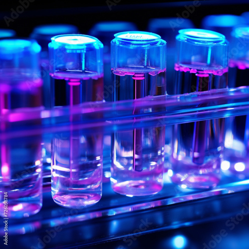 Close-up of DNA gel electrophoresis Action Scene. Gel showing separated DNA bands under UV light Background. Generative AI. photo