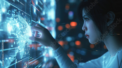 Woman hand touching The metaverse universe, Digital transformation conceptual for next generation technology photo