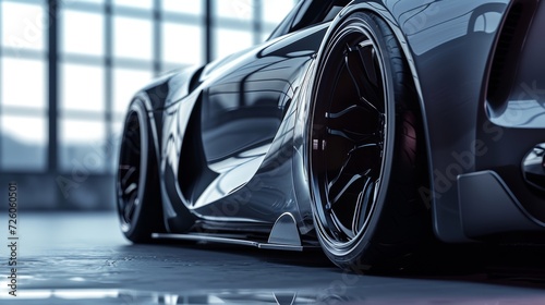 A closeup shot showcases the sporty body kit featuring side skirts and a rear diffuser to enhance the cars aerodynamics and overall performance.