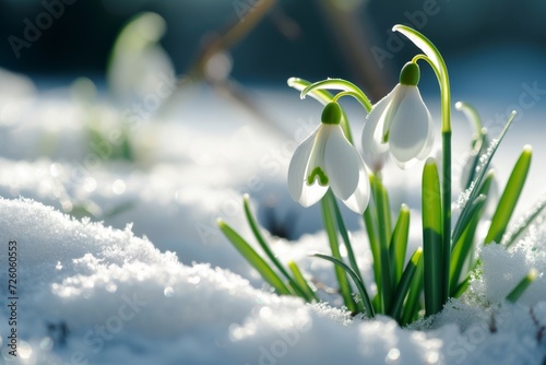 Snowdrops in snow under sunny rays