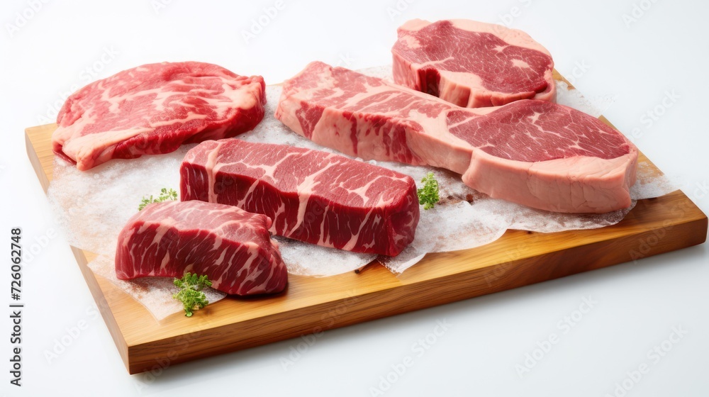 Fresh red marble beef slices raw, High quality angus ribeye arranged on a wooden cutting board Fresh red marble beef slices raw, High quality angus ribeye arranged on a wooden cutting board