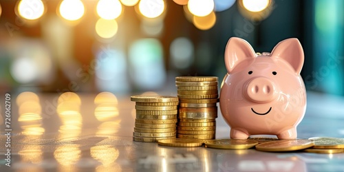 Vibrant pink piggy bank filled with coins, symbolizing savings, financial security, and smart money management