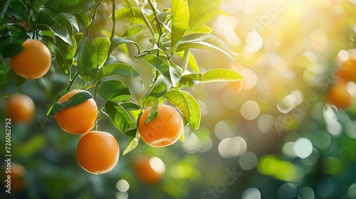 Citrus branches with organic ripe fresh oranges tangerines growing on branches with green leaves in sunny fruiting garden. copy space for text. photo