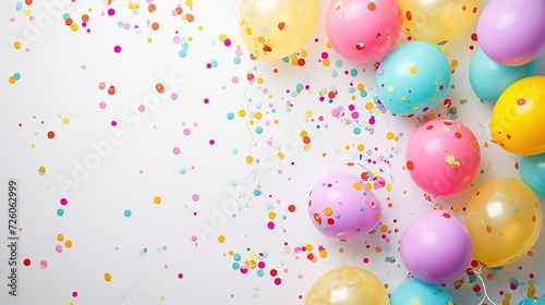 Colorful ball and confetti on white table top view. Festive or party background. Flat lay. Birthday greeting card. Copy space for text.