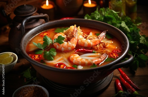 A plate of seafood and lemongrass flavored meal with prawn and vegetable generated by AI