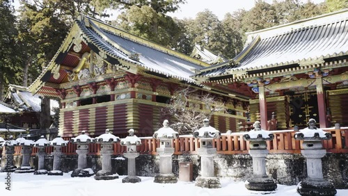 Cinematic gimbal shot of historic buildings at Toshogu Shrine in Nikko City, Tochigi prefecture, Japan photo