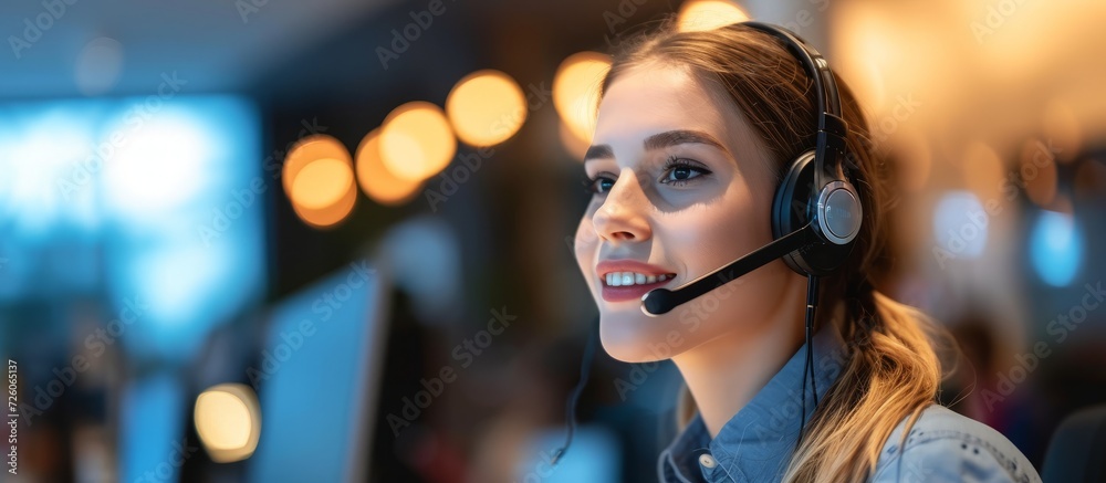Individual wearing a headset, like in a call center.