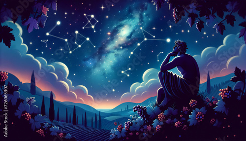 A whimsical, animated art style depiction of Dionysus and the Stars, linking him with constellations in a starry night scene.