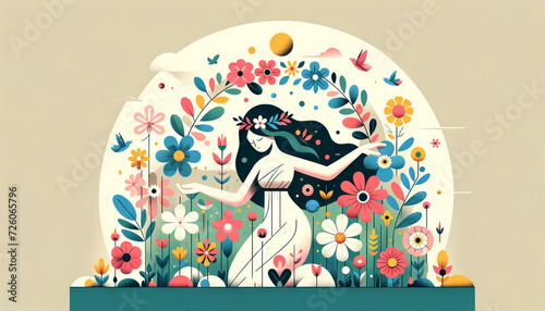 A flat, minimal, and whimsical animated art style depiction of Persephone surrounded by colorful spring flowers, symbolizing her role as the goddess o. photo