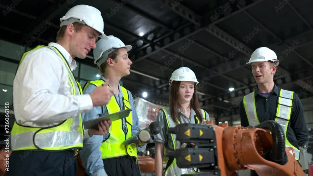 Group of engineers and technicians working together in a robotic arm factory. Inspecting robot arm before delivering to customers Group of engineers and technicians working together in a robotic arm factory. Inspecting robot arm before delivering to customers