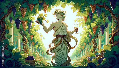 A whimsical, animated art style depiction of Dionysus, the Greek god of wine, in a lush vineyard. photo