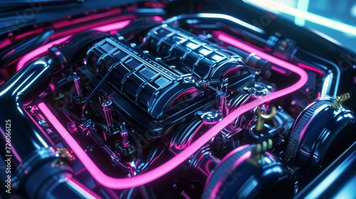 The neon lights reflecting off a sleek black intake manifold revealing its detailed design and adding a touch of urban art to the engine bay.