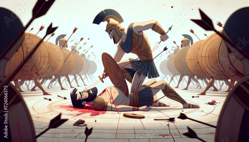 A whimsical, animated art style depiction of a dramatic scene of Ares being wounded in battle.