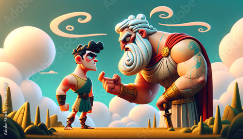 A whimsical, animated art style depiction of Ares and Zeus in a father-son confrontation.