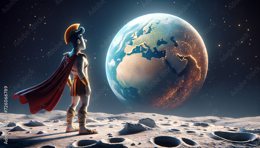 Obraz premium A whimsical, animated art style depiction of Ares standing on the moon, gazing at Earth.