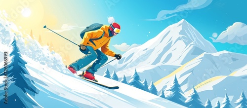 Cheerful skier enjoying winter resort with sun and fun.